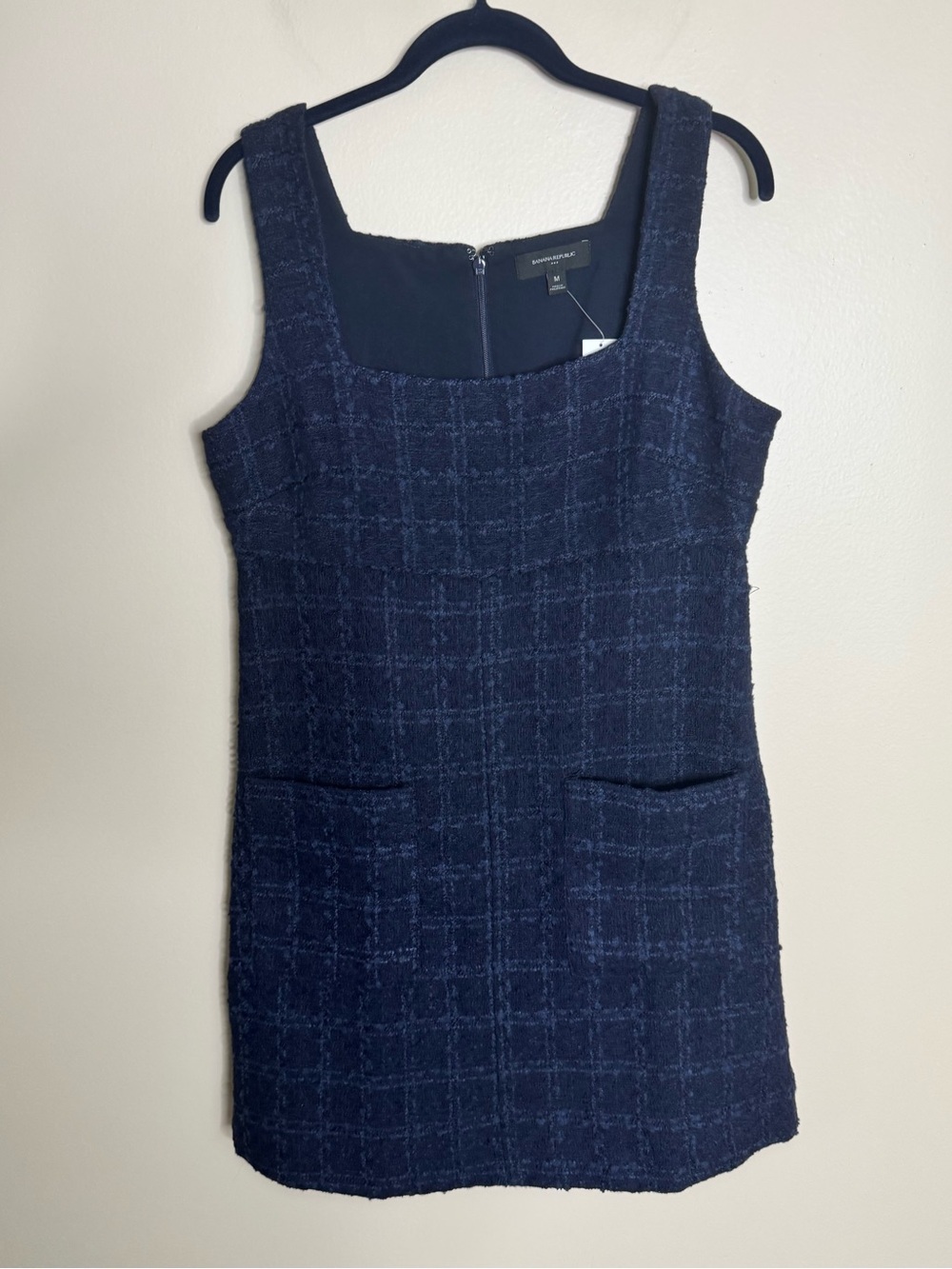 Banana Republic Tweed Dress Women Medium Navy Plaid Empire Mini Pockets